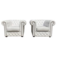 20th Century Pair of White Leather Chesterfield Club Armchairs