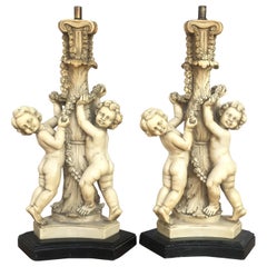 20th Century Pair of White Resin Cherub Lamps on Wooden Bases by G. Ruggeri