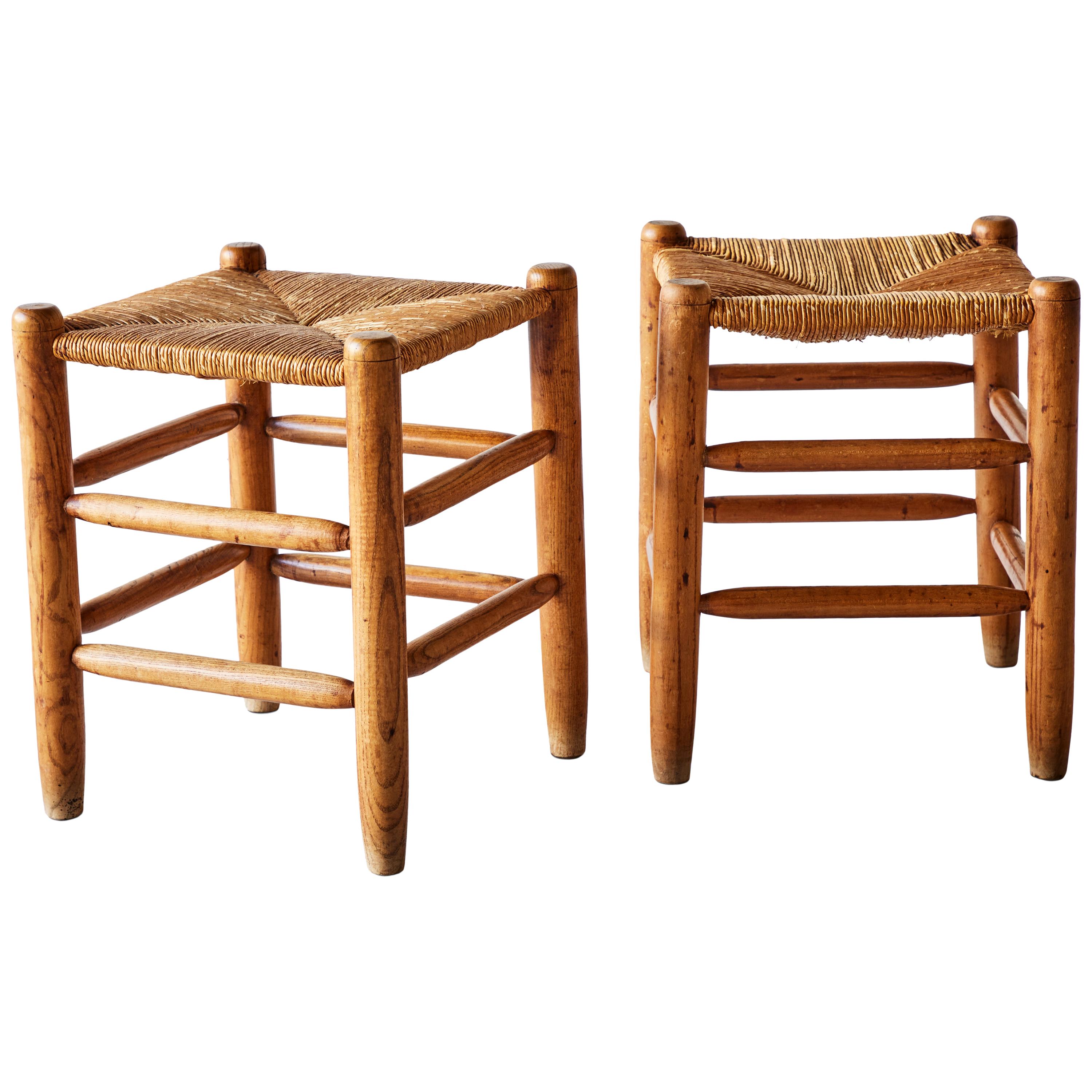 20th Century Pair of Wood Stools with Rush Seats