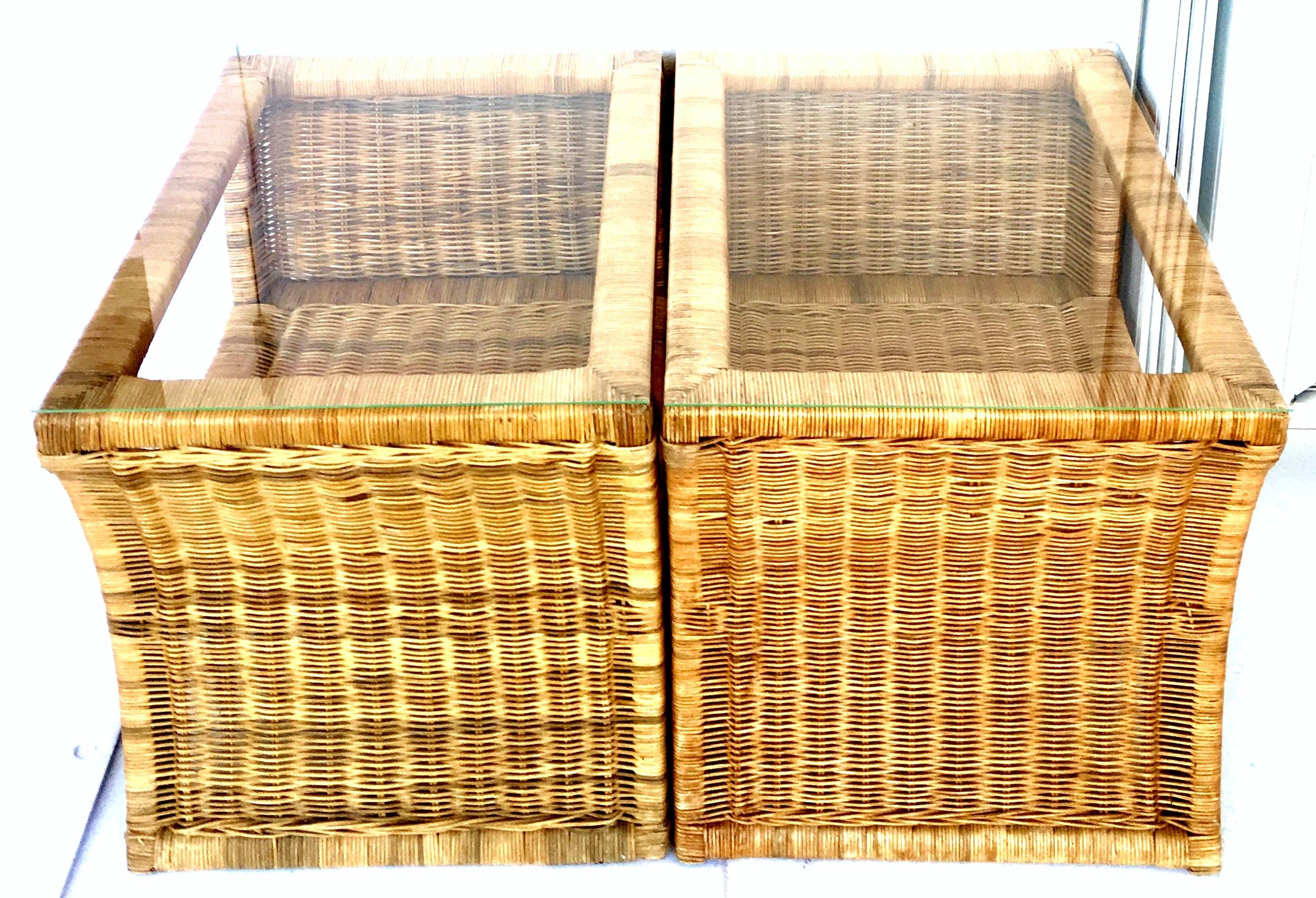Organic Modern 20th Century Pair Of Woven Rattan Glass Top Side Tables For Sale