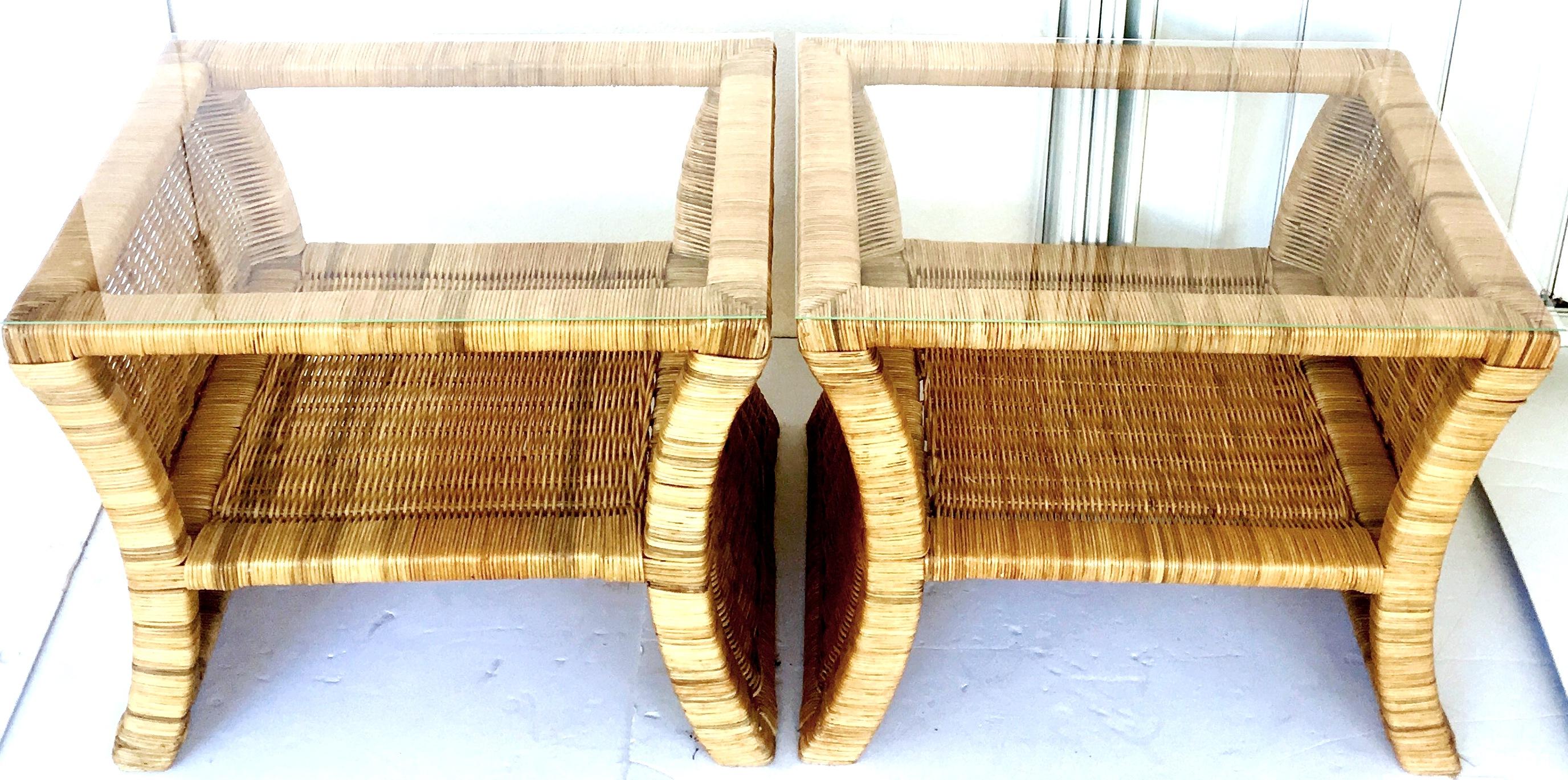 wicker and glass side table