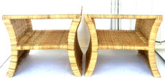 20th Century Pair of Woven Rattan Glass Top Side Tables