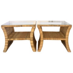 20th Century Pair of Woven Rattan Glass Top Side Tables 20th Century Pair of Woven Rattan Glass Top Side Tables