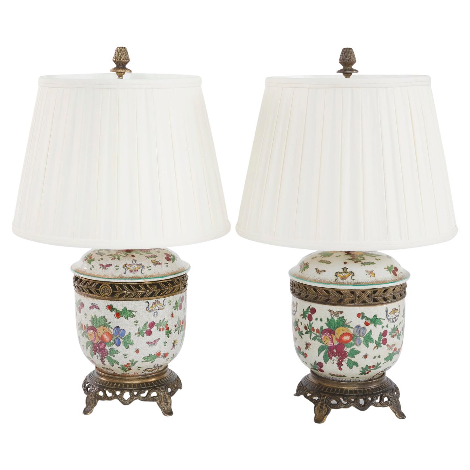 20th Century Pair Porcelain / Bronze Table Lamps