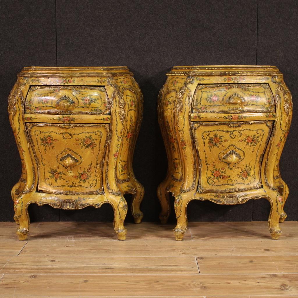 Italian 20th Century Pair Sculpted Lacquered Painted Wood Venetian Bedside Tables, 1960
