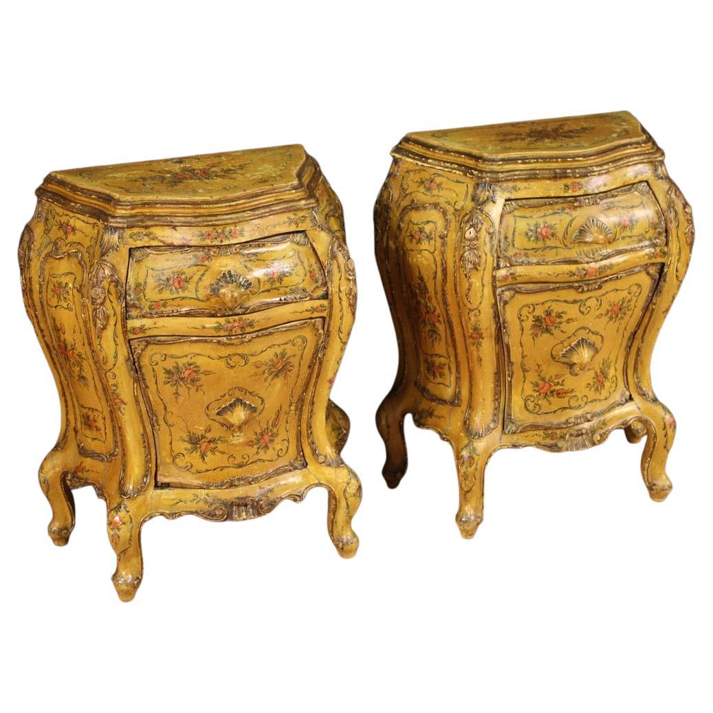 20th Century Pair Sculpted Lacquered Painted Wood Venetian Bedside Tables, 1960