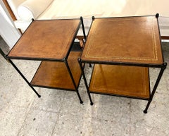 20th Century Pair Spanish Neoclassical Leather  Black Lacquered Iron Side Tables