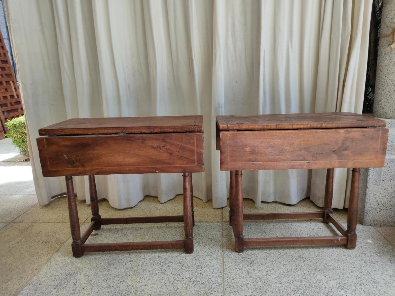 Iron 20th Century Pair Spanish Walnut Extending Side Tables with Drawer