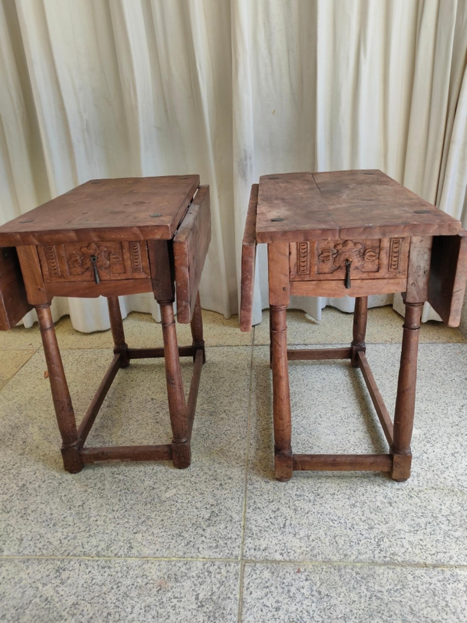 20th Century Pair Spanish Walnut Extending Side Tables with Drawer 1