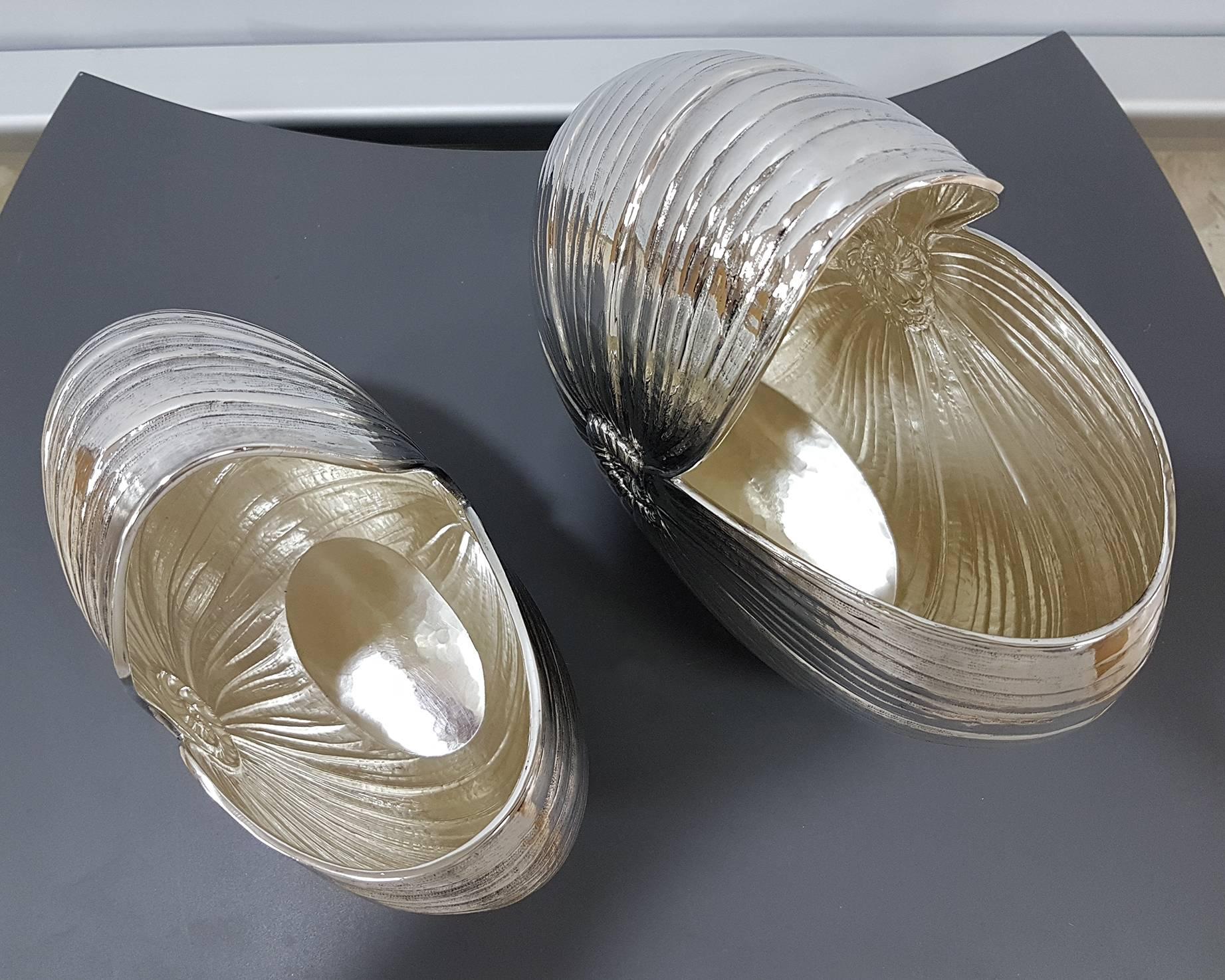 Other 20th Century Sterling Silver Italian Vases in the Shape of Nautilus Shell, Pair