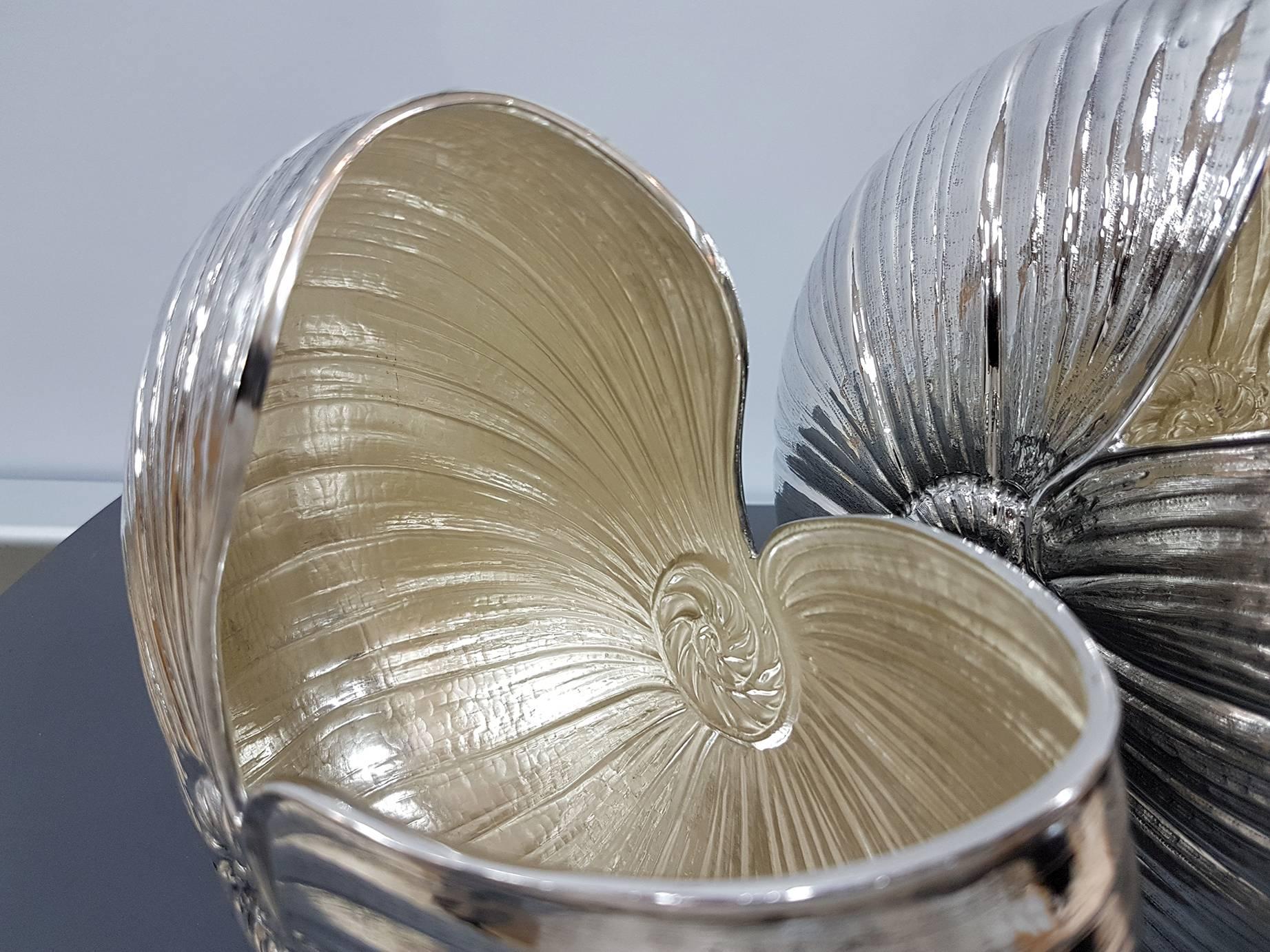 Embossed 20th Century Sterling Silver Italian Vases in the Shape of Nautilus Shell, Pair
