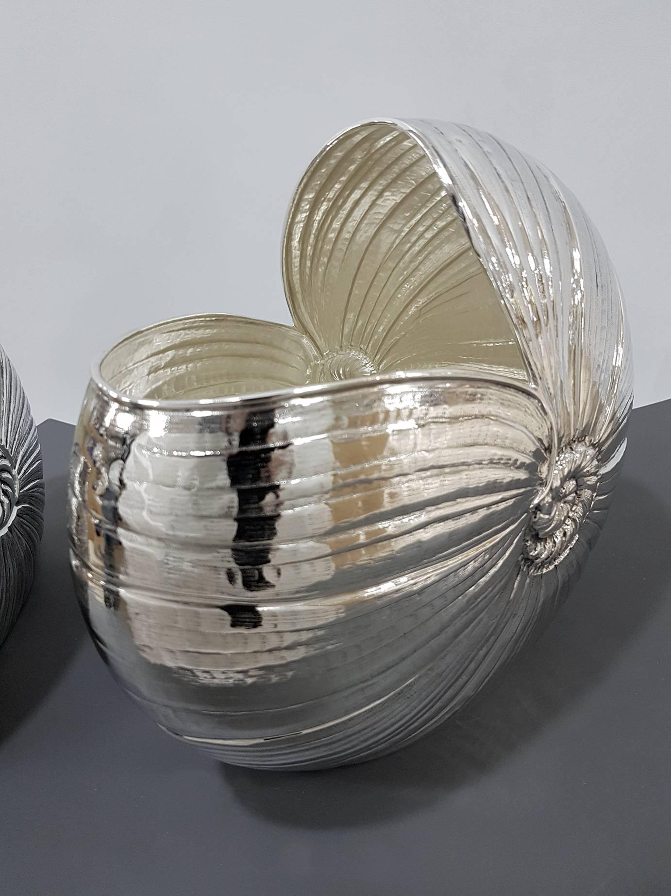 20th Century Sterling Silver Italian Vases in the Shape of Nautilus Shell, Pair 1