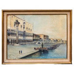 Vintage 20th Century Palazzo Ducale towards Riva Degli Schiavoni Watercolor on Canvas