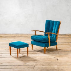 Siglo XX Paolo Buffa Sillón y puf de madera y tapicería para Marelli, años 50