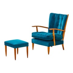20th Century Paolo Buffa Armchair & Pouf in Wood and Upholstery for Marelli, 50s