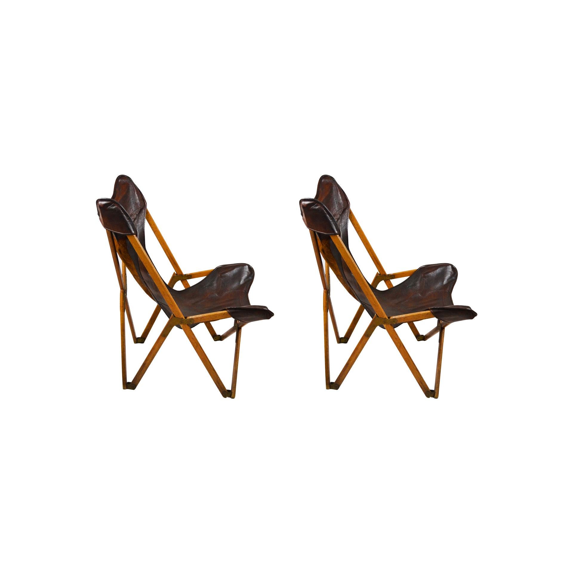 Mid-Century Modern 20th Century Paolo Viganò Tripolina Folding Armchairs in Leather and Wood, Pair