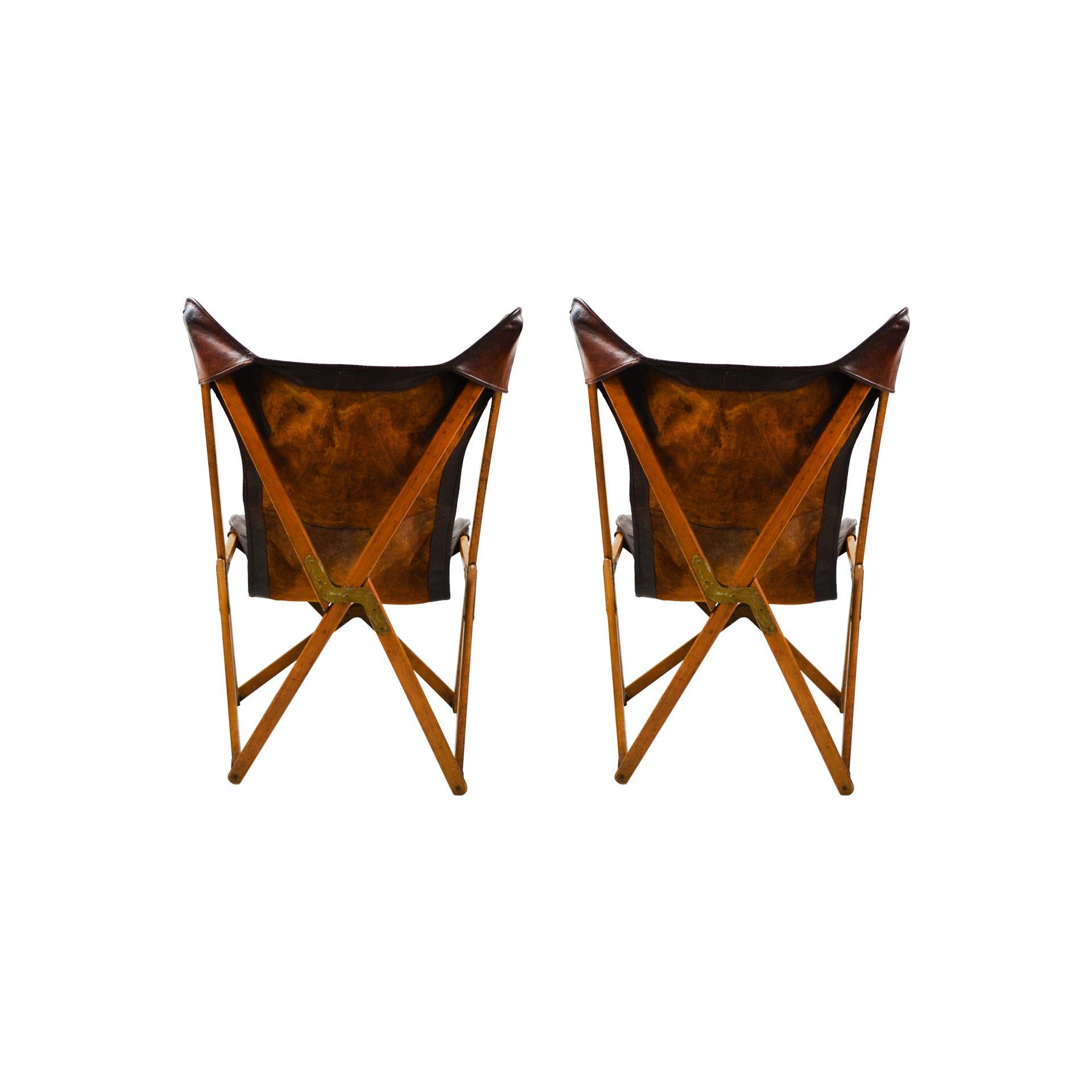 Italian 20th Century Paolo Viganò Tripolina Folding Armchairs in Leather and Wood, Pair