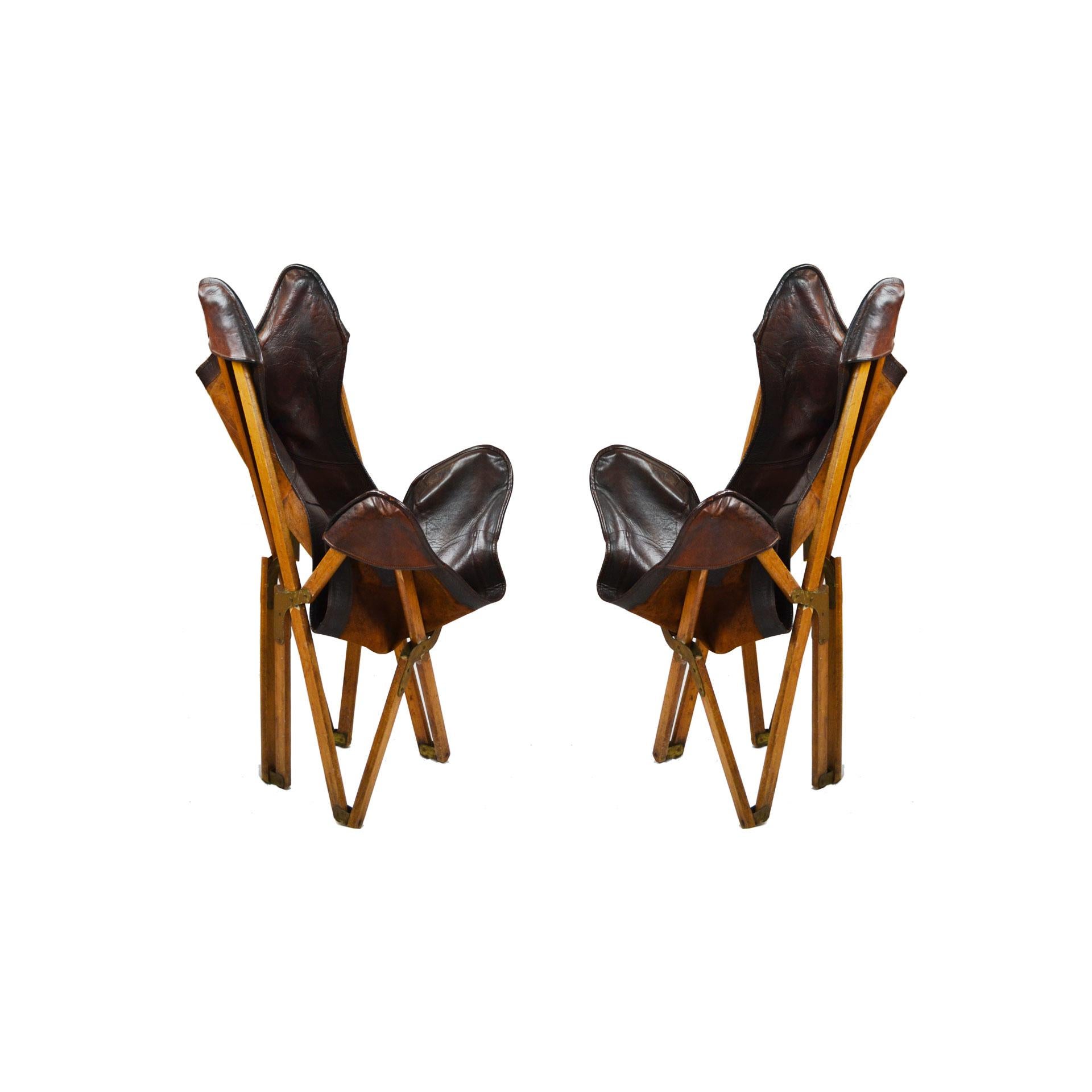 20th Century Paolo Viganò Tripolina Folding Armchairs in Leather and Wood, Pair In Good Condition In Turin, Turin