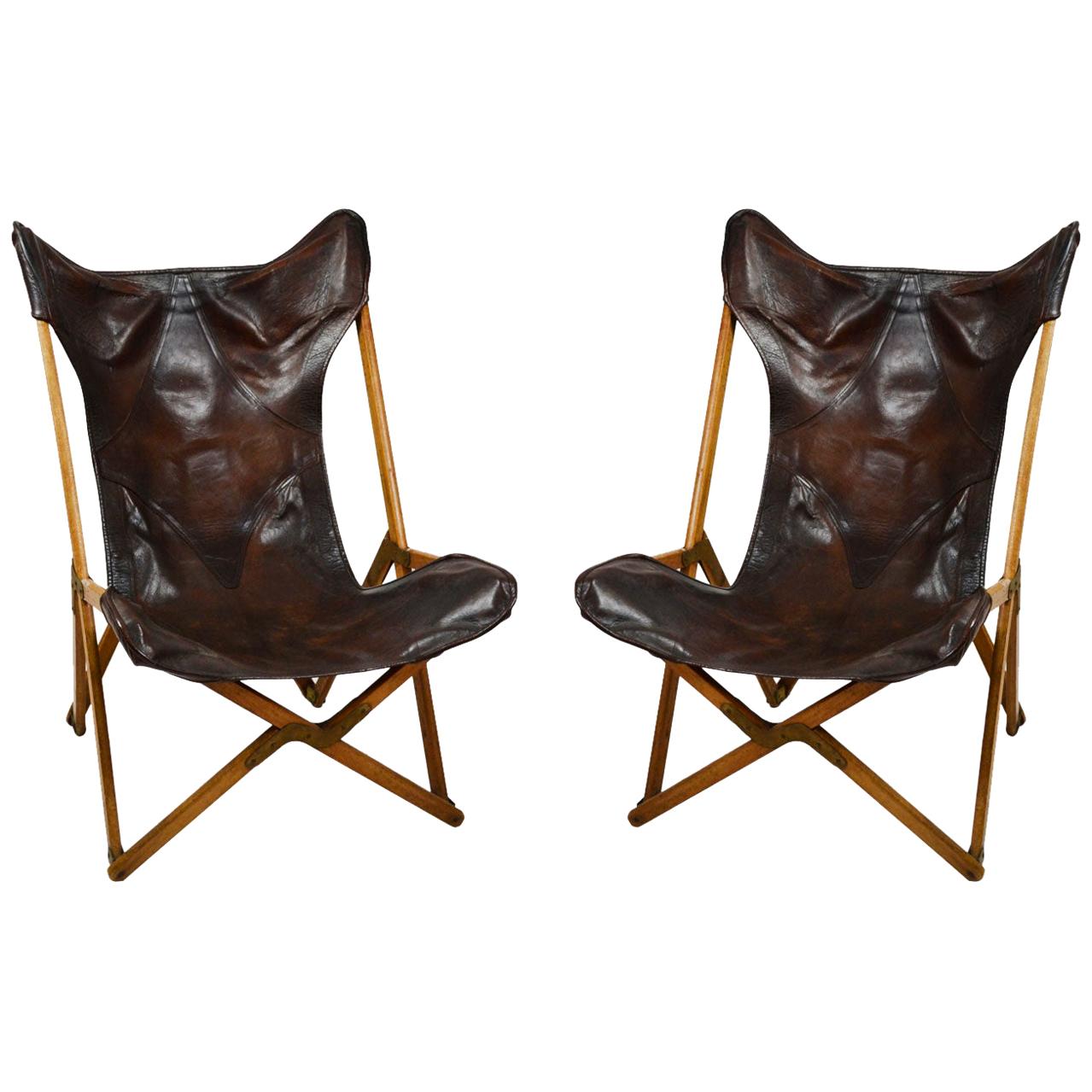 20th Century Paolo Viganò Tripolina Folding Armchairs in Leather and Wood, Pair