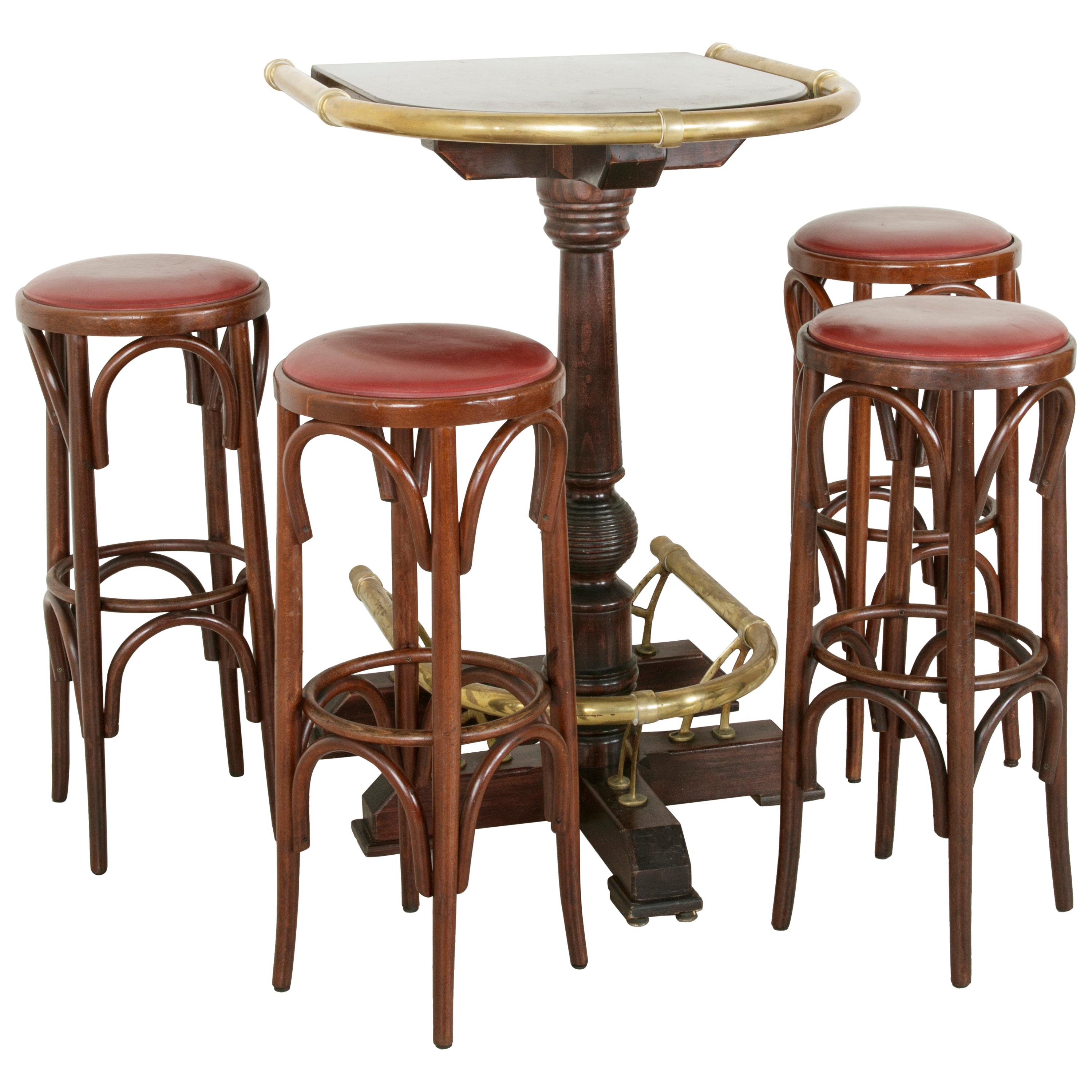 20th Century Paris Brasserie High Top Table with Brass Rails and Four Bar Stools