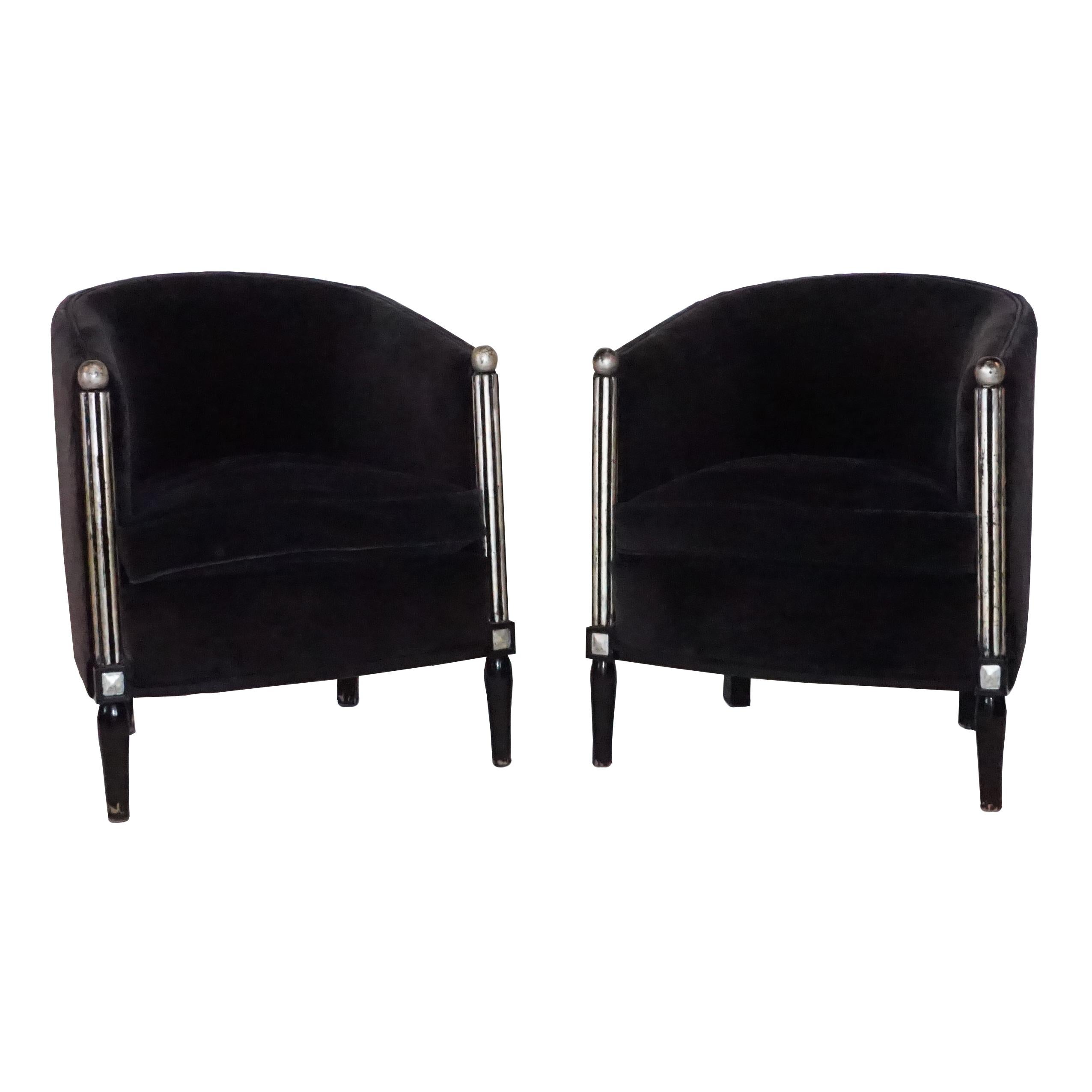 20th Century Black Parisian Art Deco Living Room Set of Three Club Chairs & Sofa For Sale 5