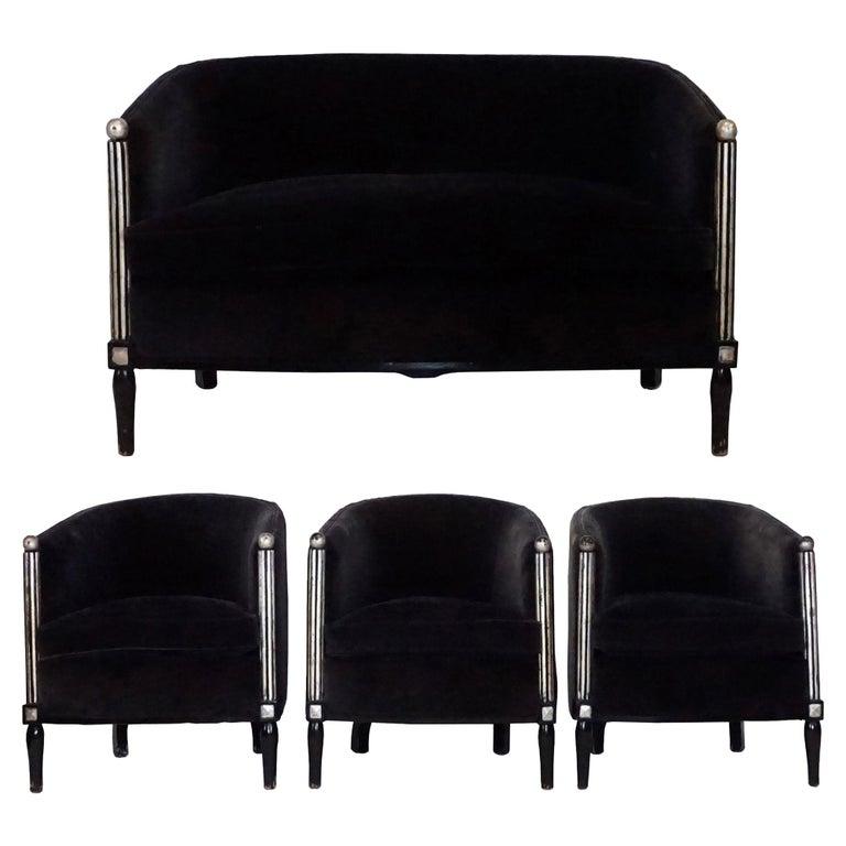 Fabric 20th Century Black Parisian Art Deco Living Room Set of Three Club Chairs & Sofa For Sale