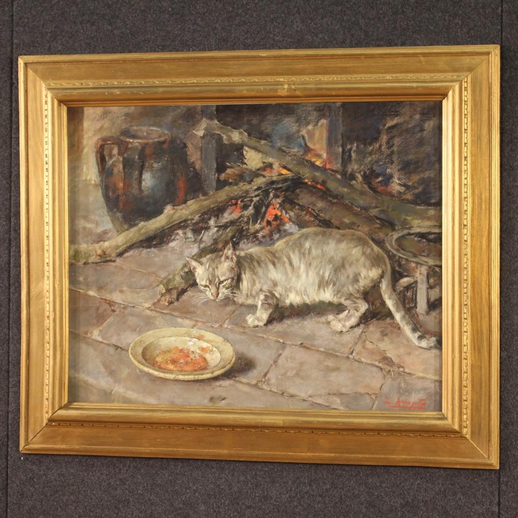 Italian painting from the first half of the 20th century. Pastel on paper depicting an interior scene, Cat beside the hearth, with a good pictorial quality. Beautifully sized painting of pleasant furnishings, for antique dealers, interior decorators
