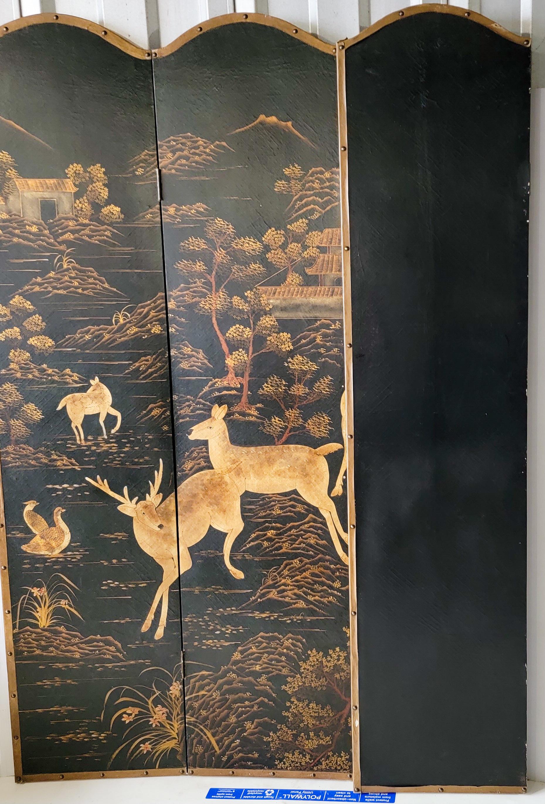 Asian 20th Century Pastoral Chinoiserie Folding Screen with Deer