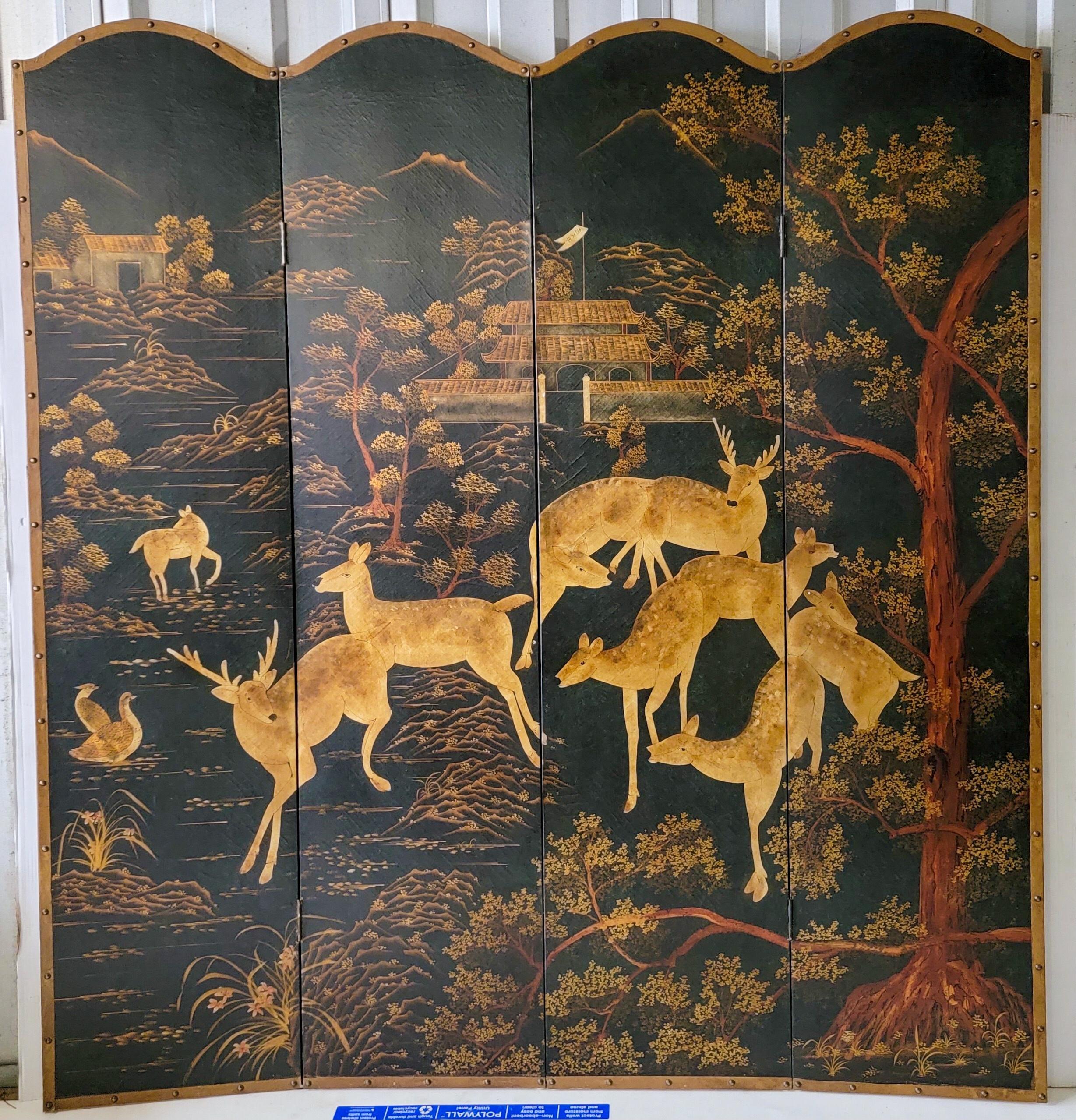 20th Century Pastoral Chinoiserie Folding Screen with Deer In Good Condition In Kennesaw, GA