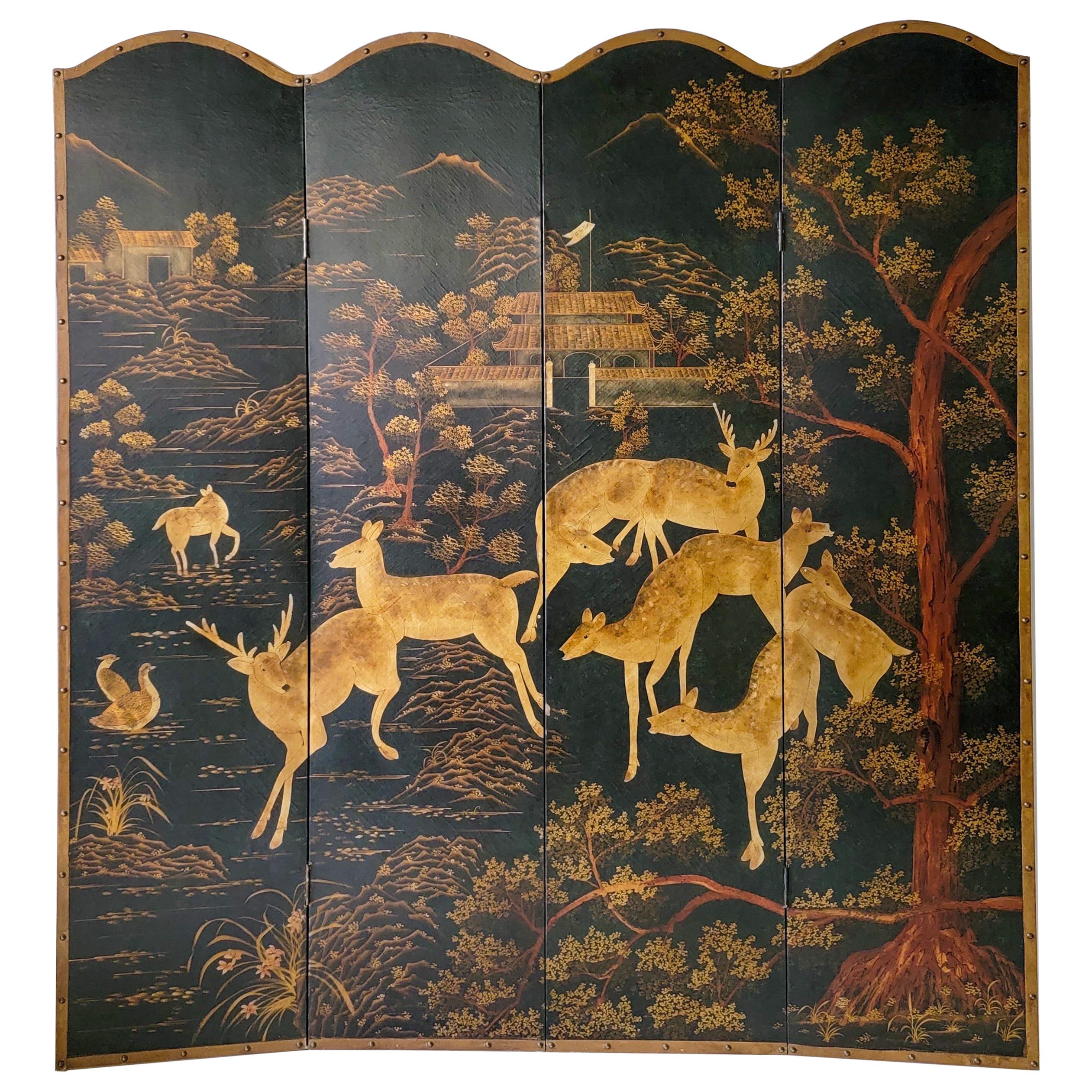 20th Century Pastoral Chinoiserie Folding Screen with Deer