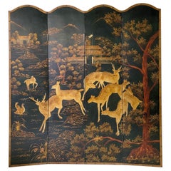 20th Century Pastoral Chinoiserie Folding Screen with Deer