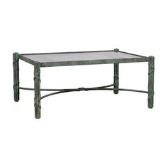 20th Century Patinated Verdigris Coffee Table with Bamboo Motif, Glass Top