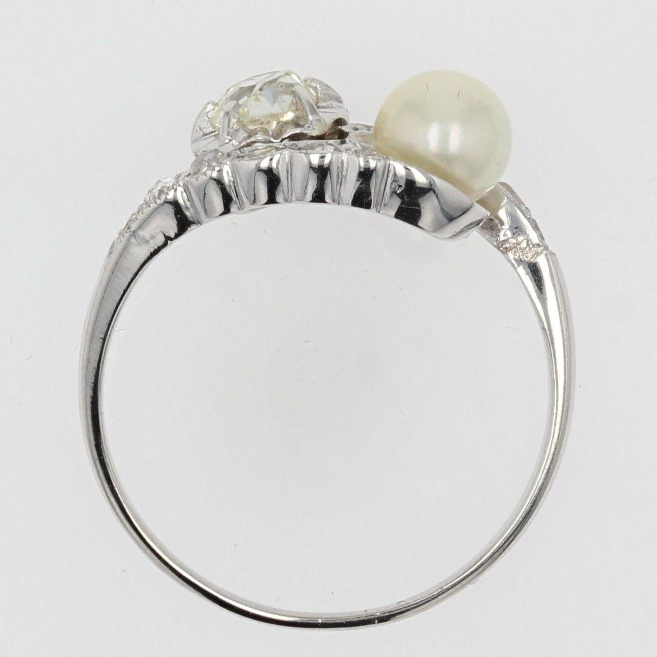 Sie und ich, Ring aus 18 Karat Weißgold mit Perlen und Diamanten, 20. Jahrhundert im Angebot 4