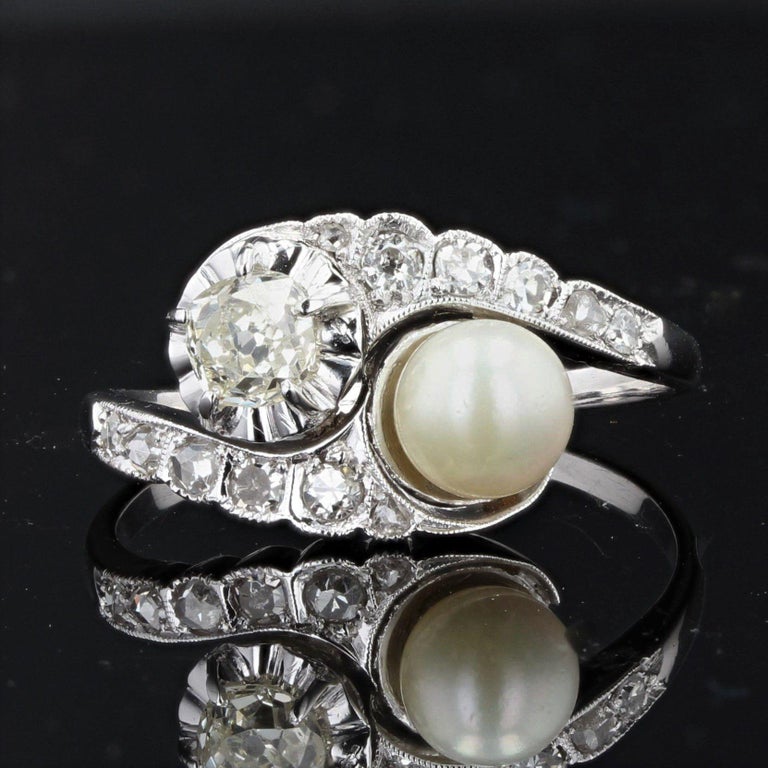 20th Century Pearl Diamonds 18 Karat White Gold You and Me Ring
