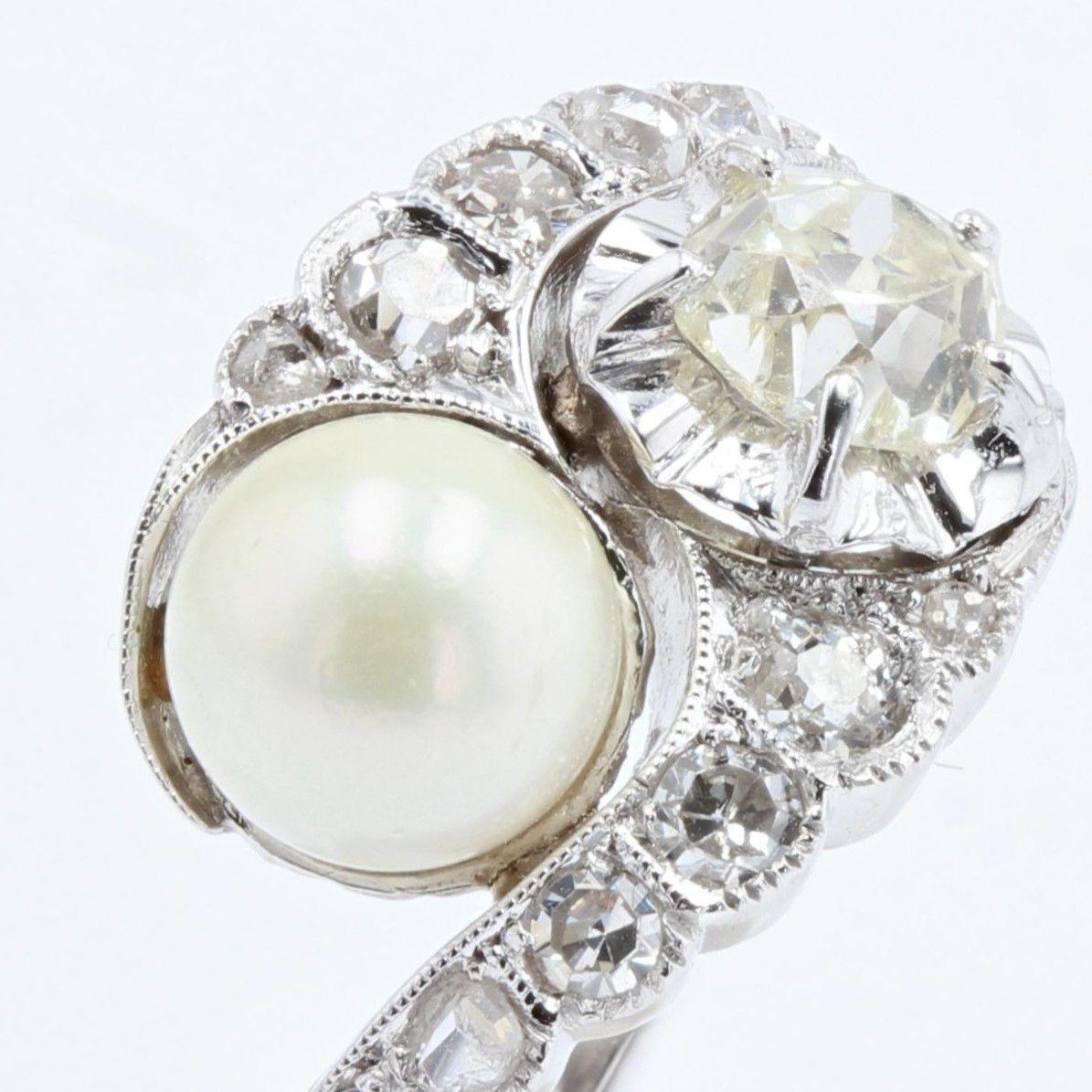 Antique Cushion Cut 20th Century Pearl Diamonds 18 Karat White Gold You and Me Ring For Sale