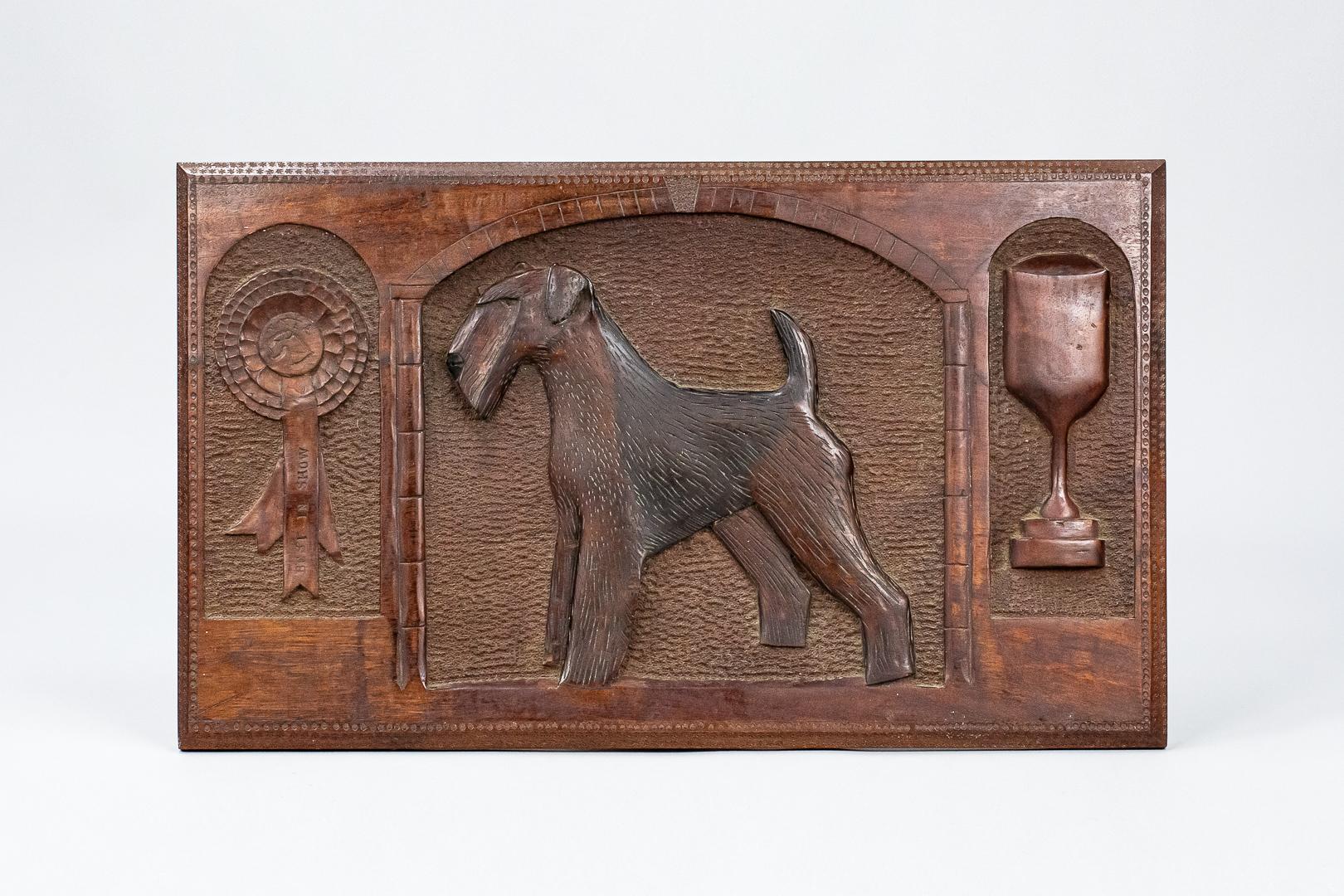 20th Century Pedigree Airedale Terrier Relief Carved Best in Show Panel For Sale 1