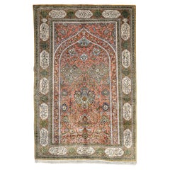 20th Century Persian Fine Silk Handmade Gom Rug With Poem Depictions c.1990