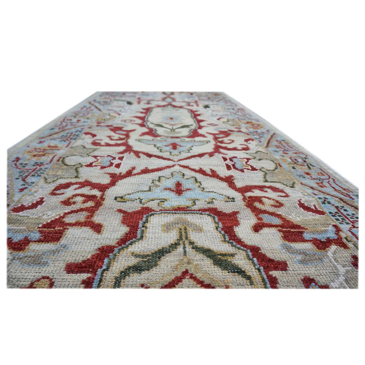 Persian 21st Century  Sultanabad 3x10 Tan, Red & Light Blue Handmade Hall Runner For Sale