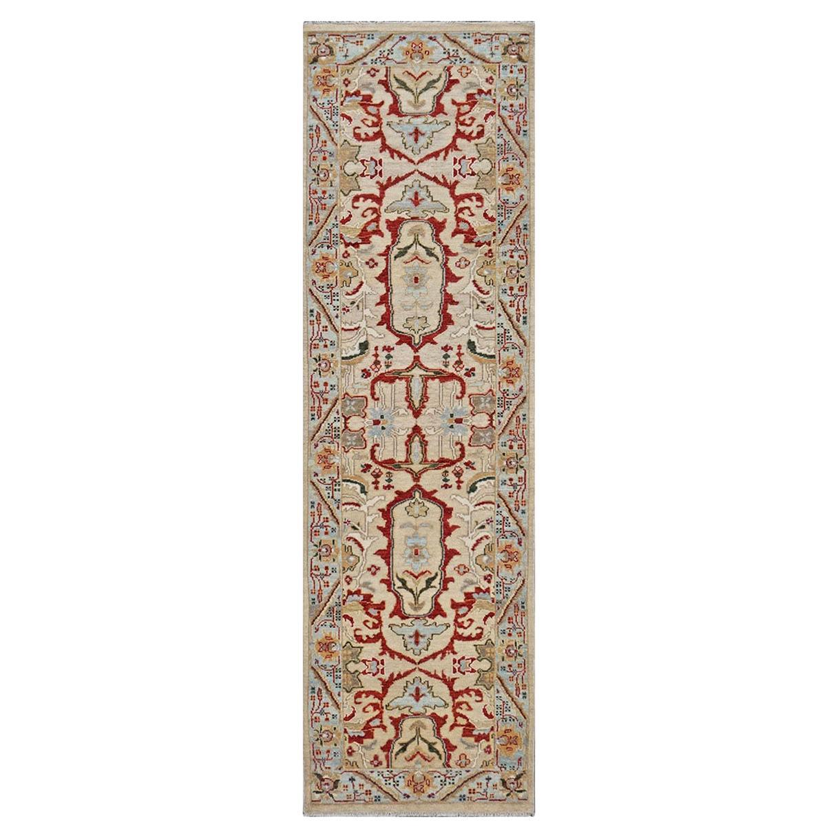 21st Century  Sultanabad 3x10 Tan, Red & Light Blue Handmade Hall Runner For Sale