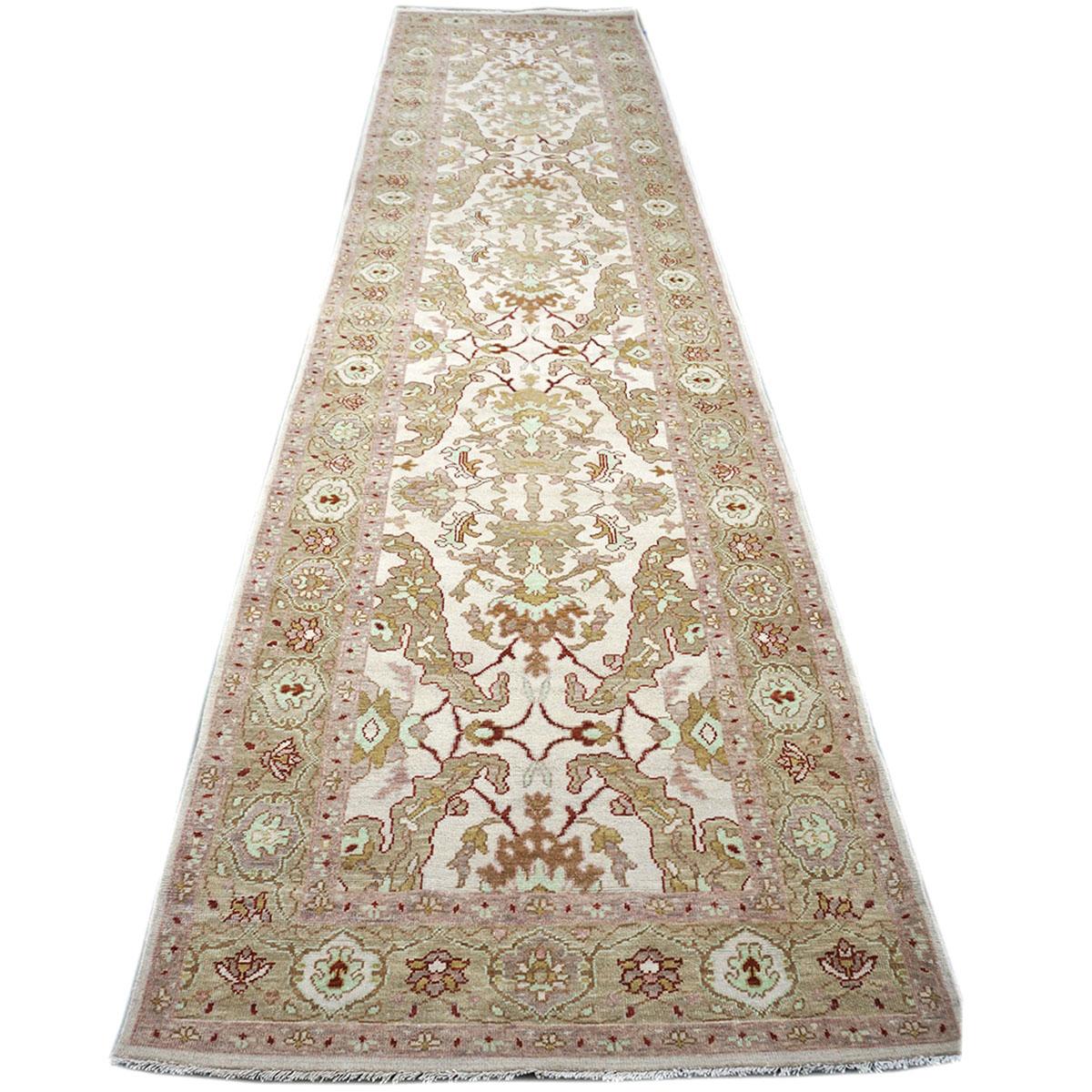 Oushak 20th Century Persian Sultanabad 4x17 Tan & Ivory Handmade Hall Runner Rug For Sale