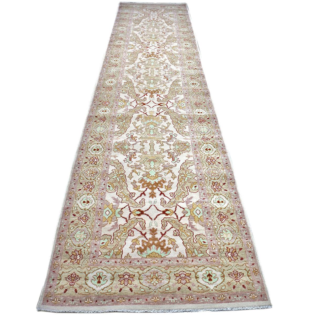 Hand-Woven 20th Century Persian Sultanabad 4x17 Tan & Ivory Handmade Hall Runner Rug For Sale