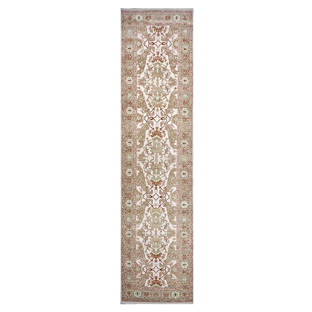 20th Century Persian Sultanabad 4x17 Tan & Ivory Handmade Hall Runner Rug For Sale
