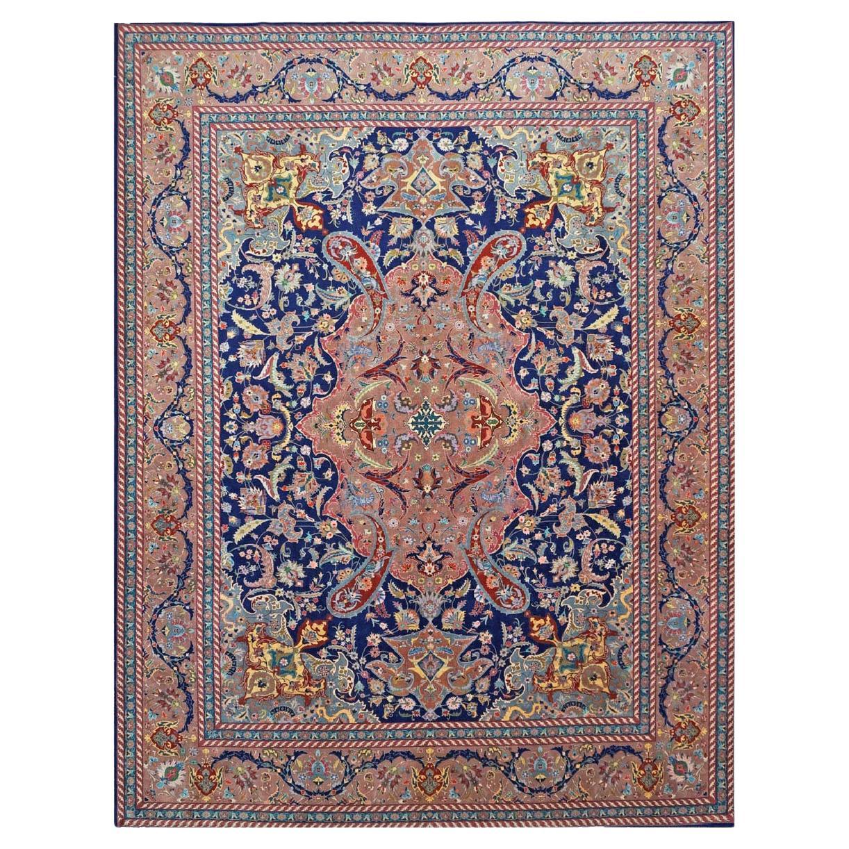 20th Century Persian Tabriz Navy Blue Wool 10x13 Roomsized Rug For Sale