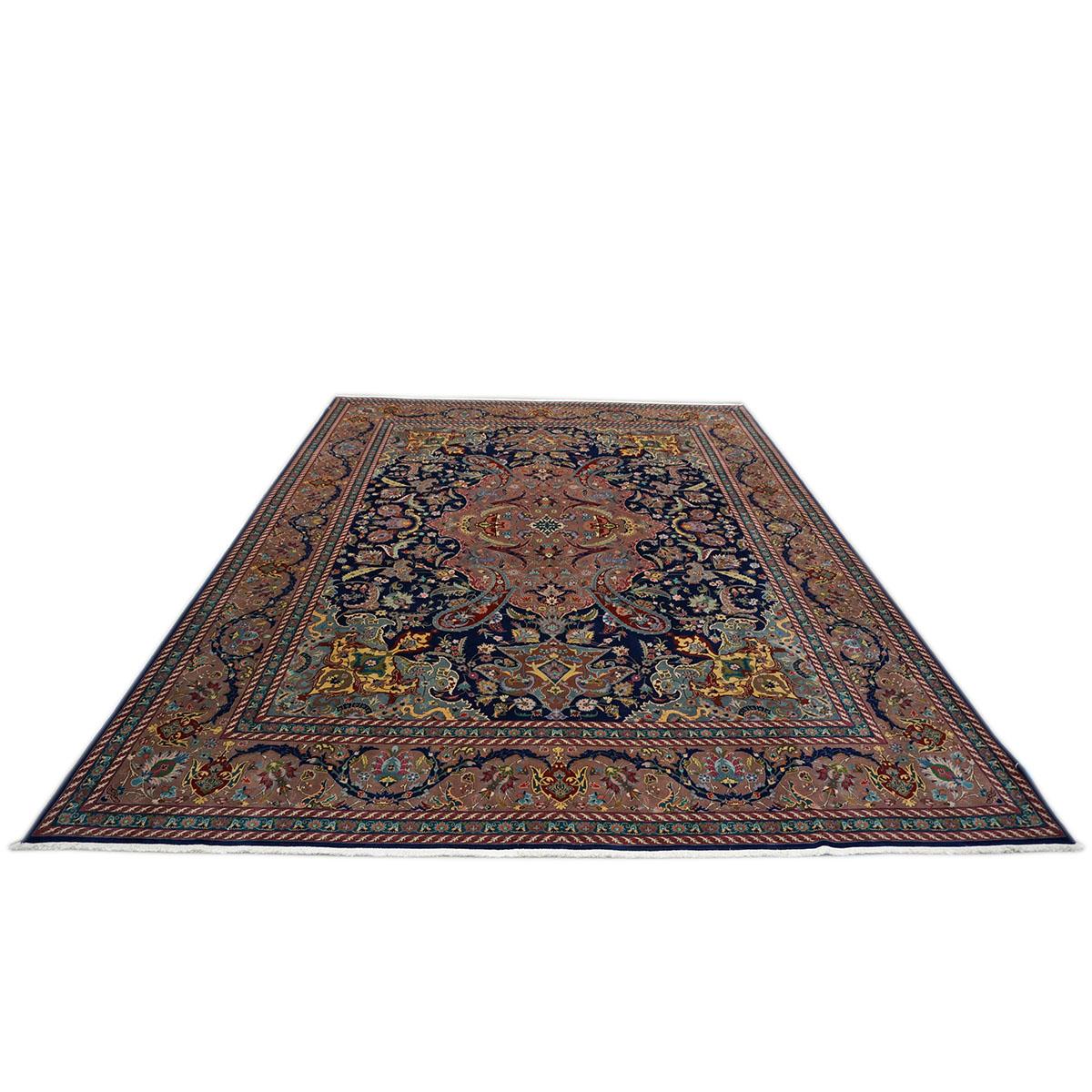 20th Century Persian Tabriz Navy Blue Wool 10x13 Roomsized Rug In Distressed Condition For Sale In Houston, TX