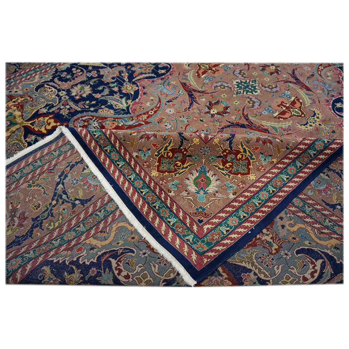 20th Century Persian Tabriz Navy Blue Wool 10x13 Roomsized Rug For Sale 2