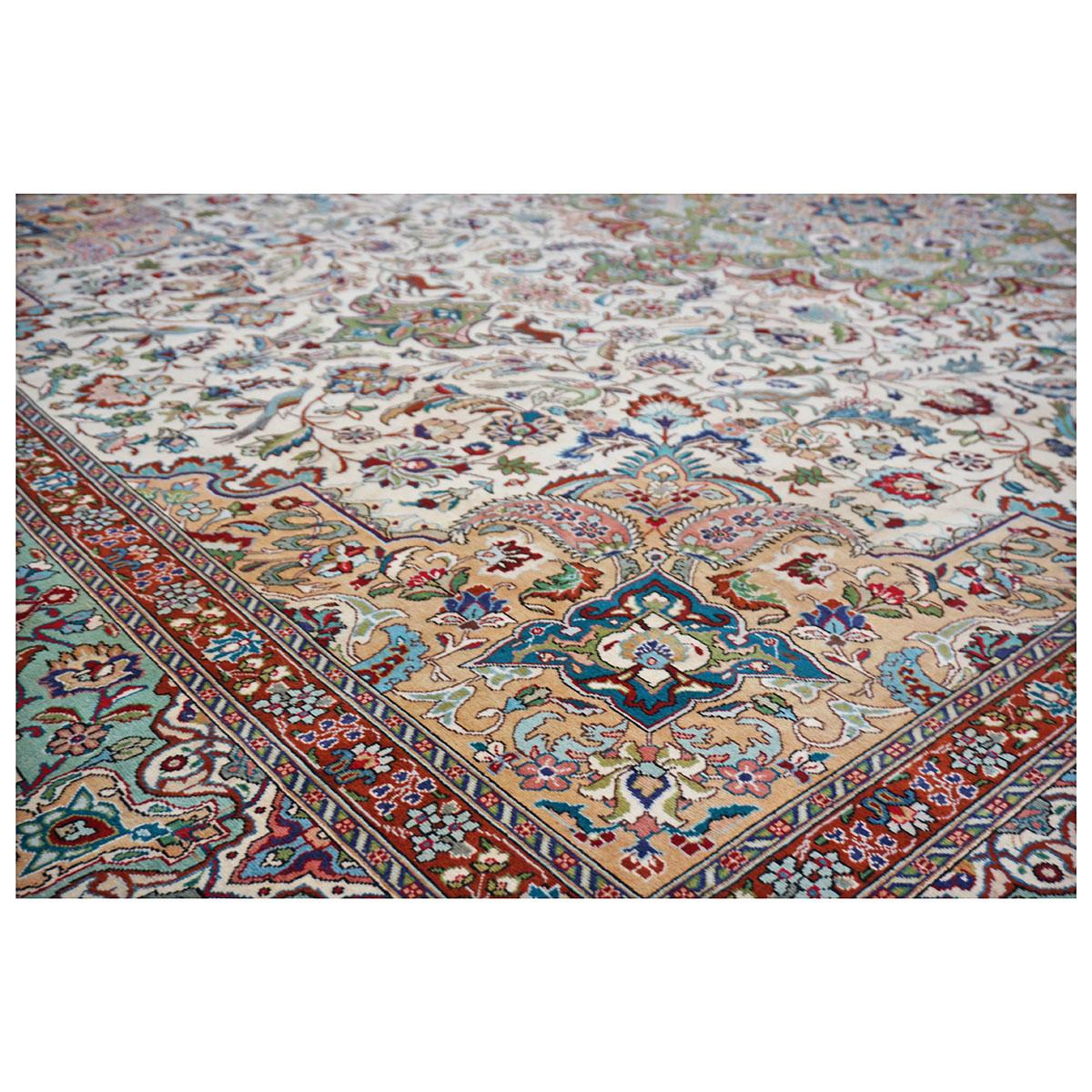 Wool 20th Century Persian Tabriz 9x13 Ivory, Light Green, & Red Handmade Area Rug For Sale
