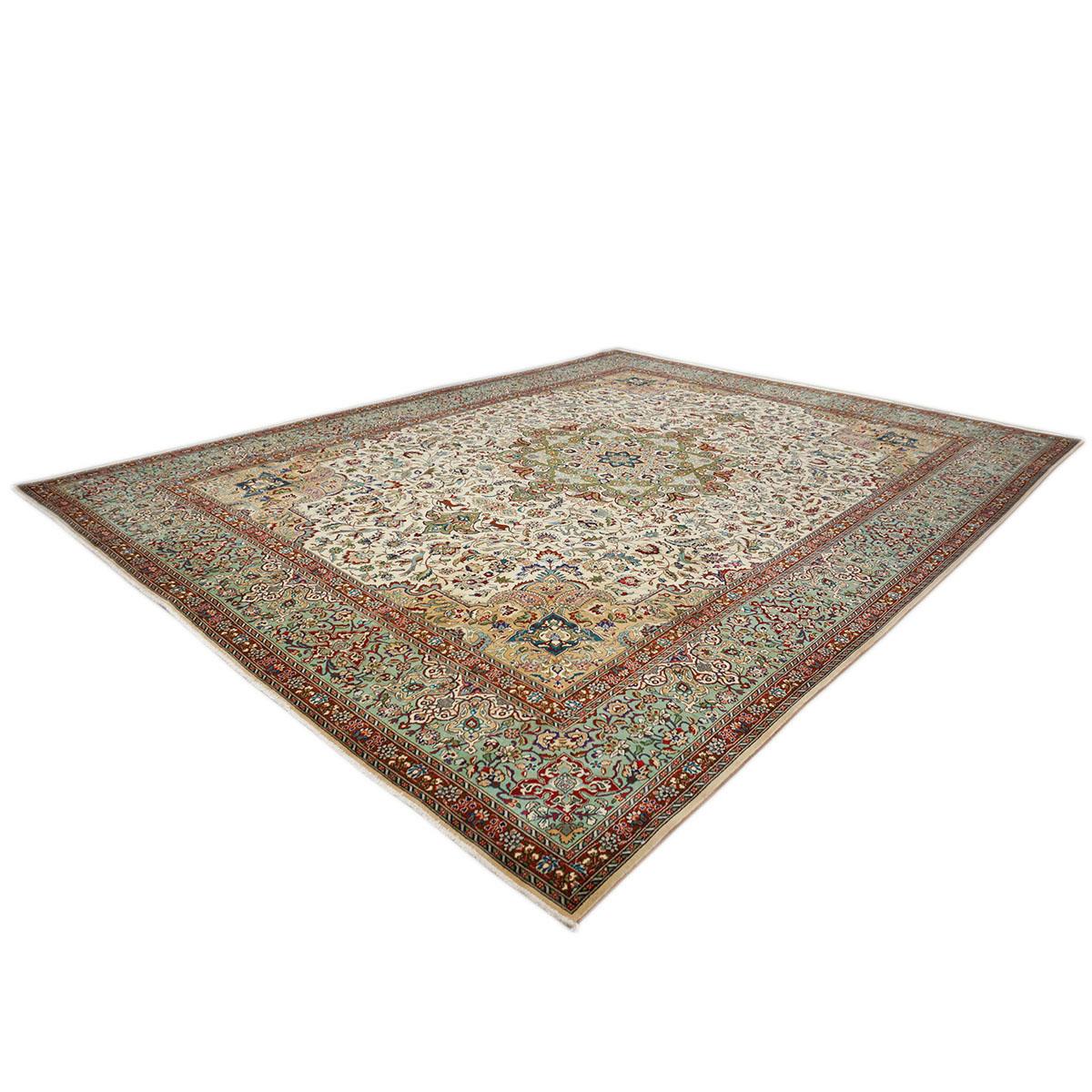 20th Century Persian Tabriz 9x13 Ivory, Light Green, & Red Handmade Area Rug In Good Condition For Sale In Houston, TX