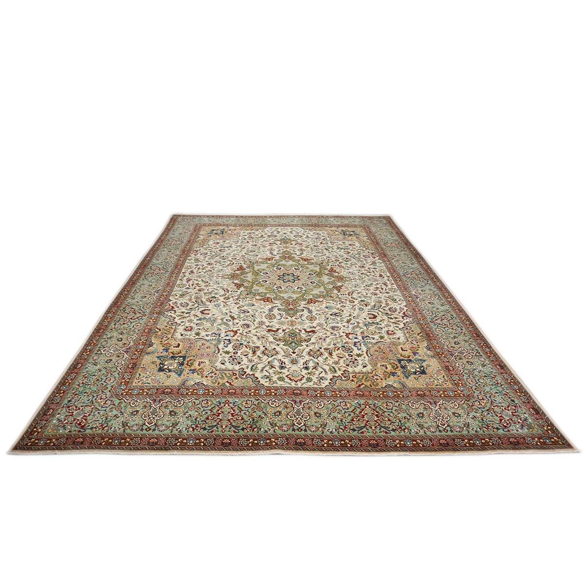 Hand-Woven 20th Century Persian Tabriz 9x13 Ivory, Light Green, & Red Handmade Area Rug For Sale