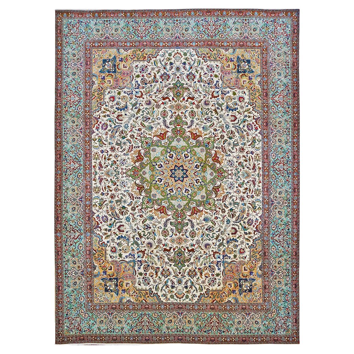 20th Century Persian Tabriz 9x13 Ivory, Light Green, & Red Handmade Area Rug For Sale