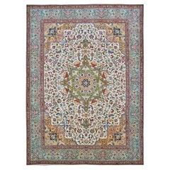 Vintage 20th Century Persian Tabriz 9x13 Ivory, Light Green, & Red Handmade Area Rug